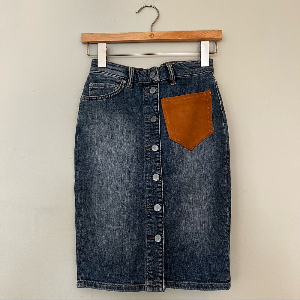 All Saints Denim High Waist Skirt Leather Pocket